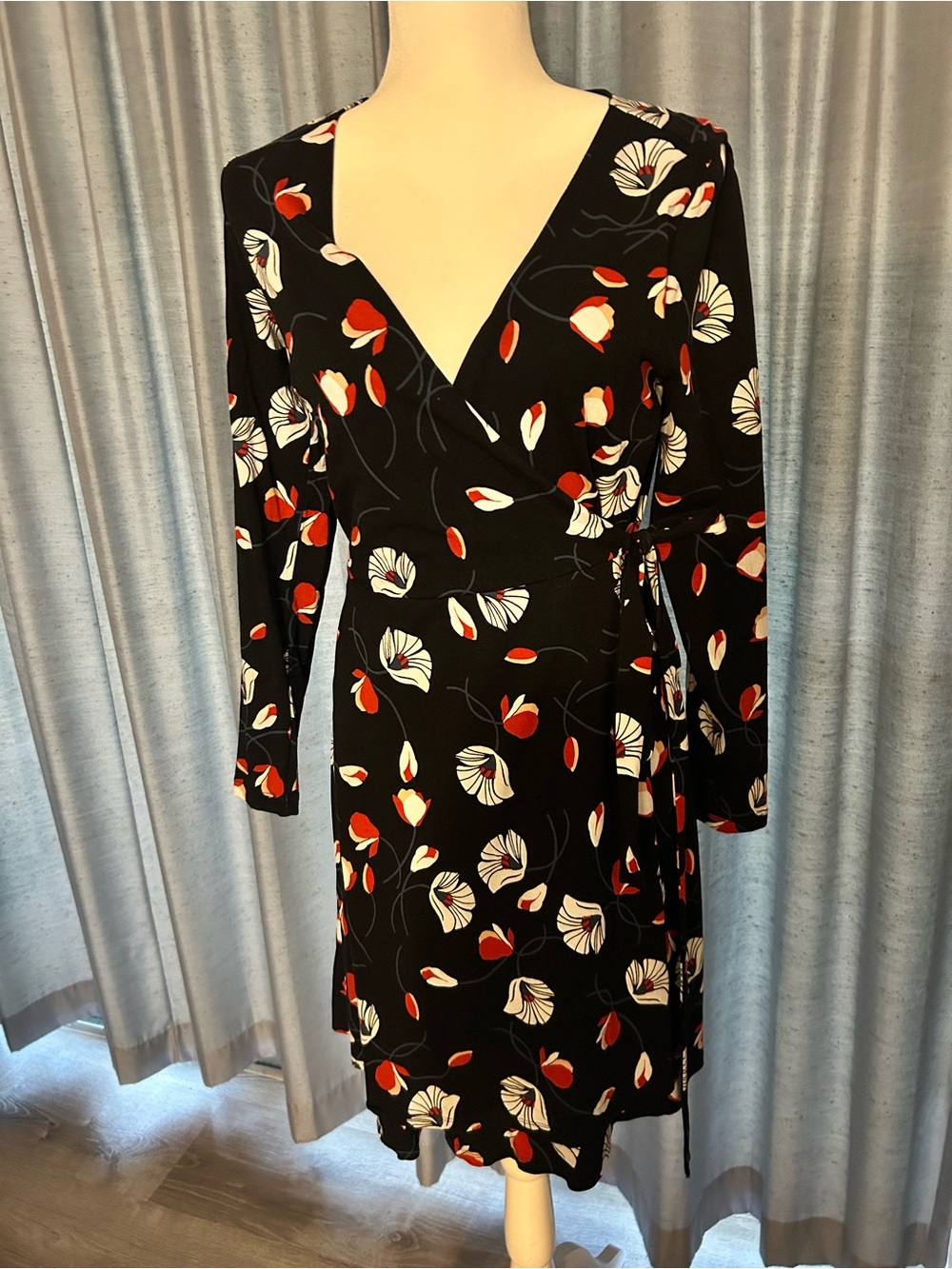 LOFT Black Floral Wrap Dress with Red and Cream Petals